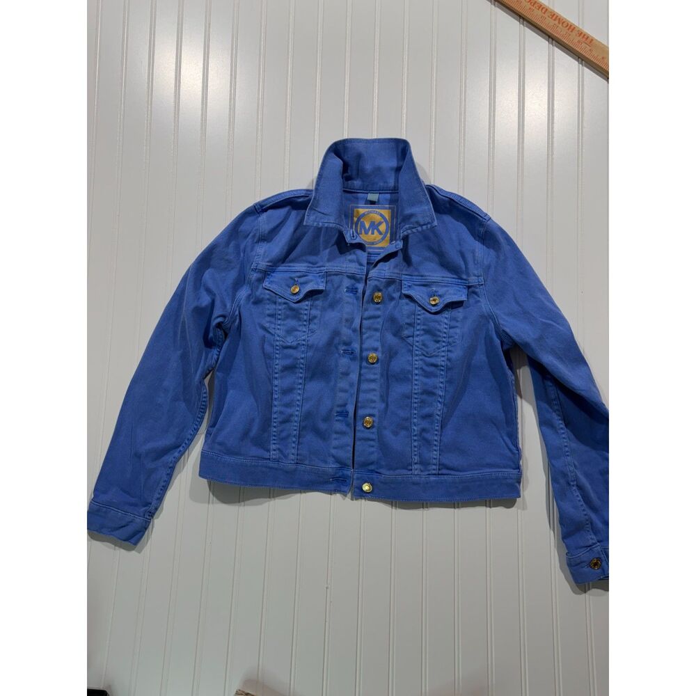 Periwinkle Blue Denim Trucker Jacket Cropped Shrunken Gold MK Logo Buttons L